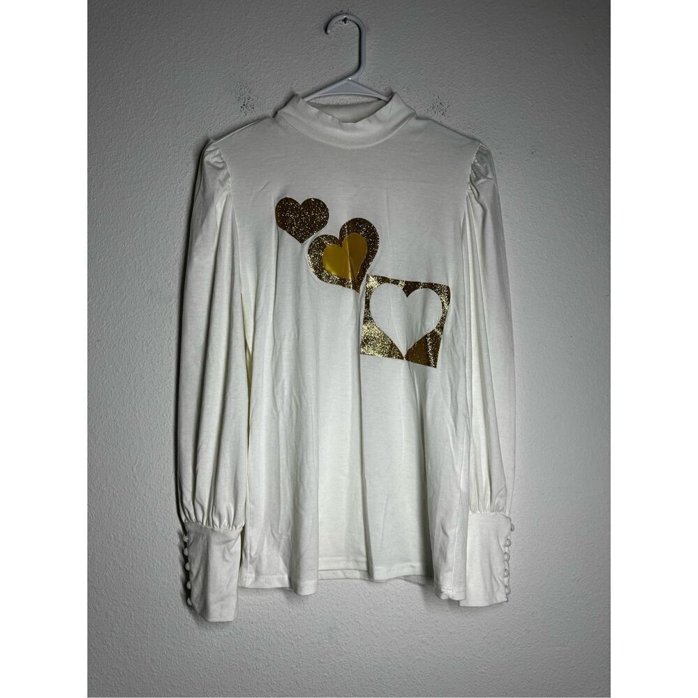 Women’s White Goldens Heart Print Balloon Long Sleeve Top Blouse Turtleneck Sz S